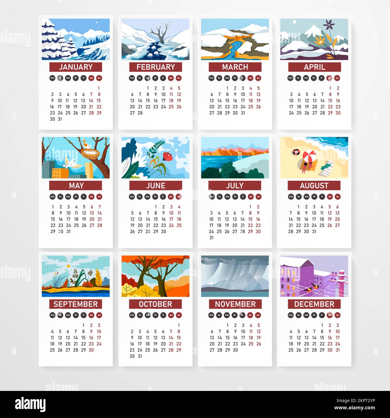 Calendar with dates and days, landscapes vector Stock Vector Image