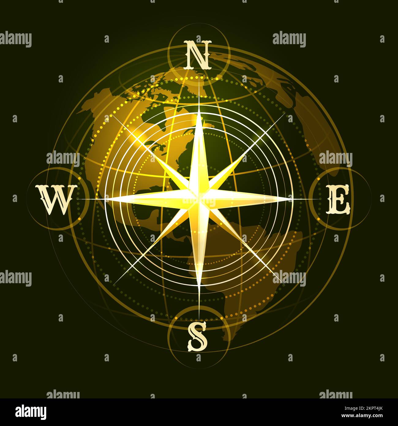 Compass Wind Rose and Globe Navigation Emblem isolated on black. Vector illustration Stock Vector