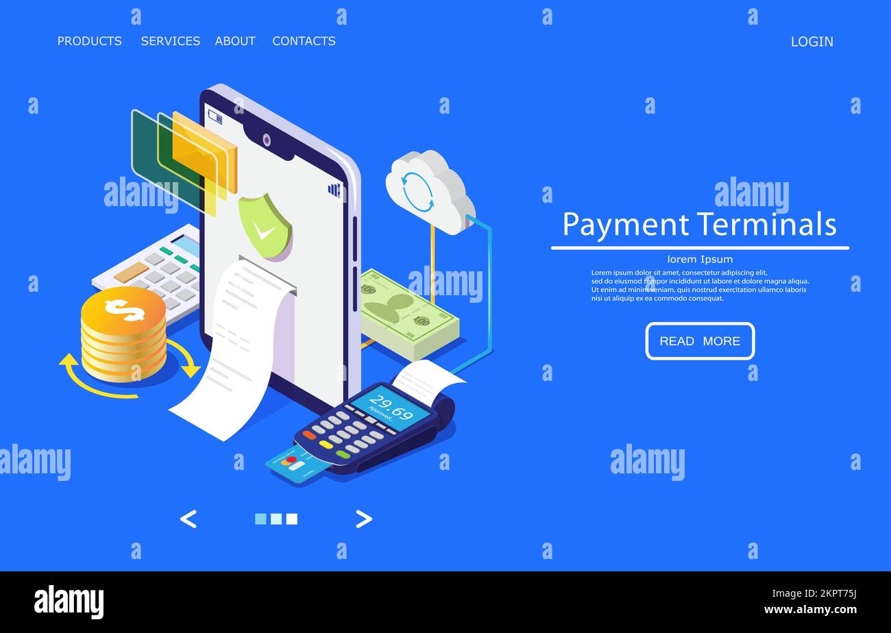 Payment terminals vector website template, web page and landing page design for website and mobile site development. Isometric pos terminal with bank Stock Vector