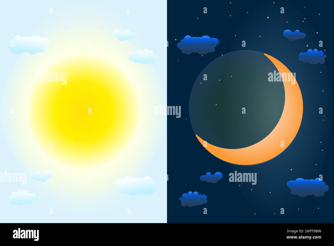 Day and night sky with moon and sun. Sun and lunar as vernal or autumnal equinox day. Earth seasons. Weather forecast background. Vector illustration Stock Vector