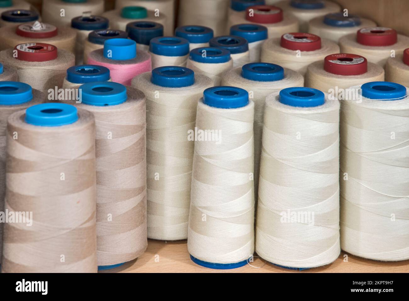 Sewing thread cones of different shade of colors on shelf in sewing ...