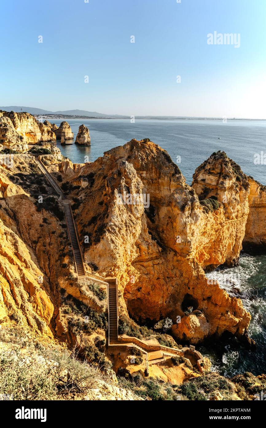 Coastal golden cliffs at sunrise in Ponta da Piedade near Lagos