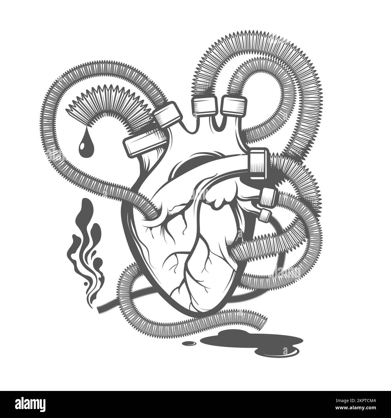 Mechanical Heart in Steampunk Style Monochrome Emblem isolated on white. Vector illustration - Stock Image