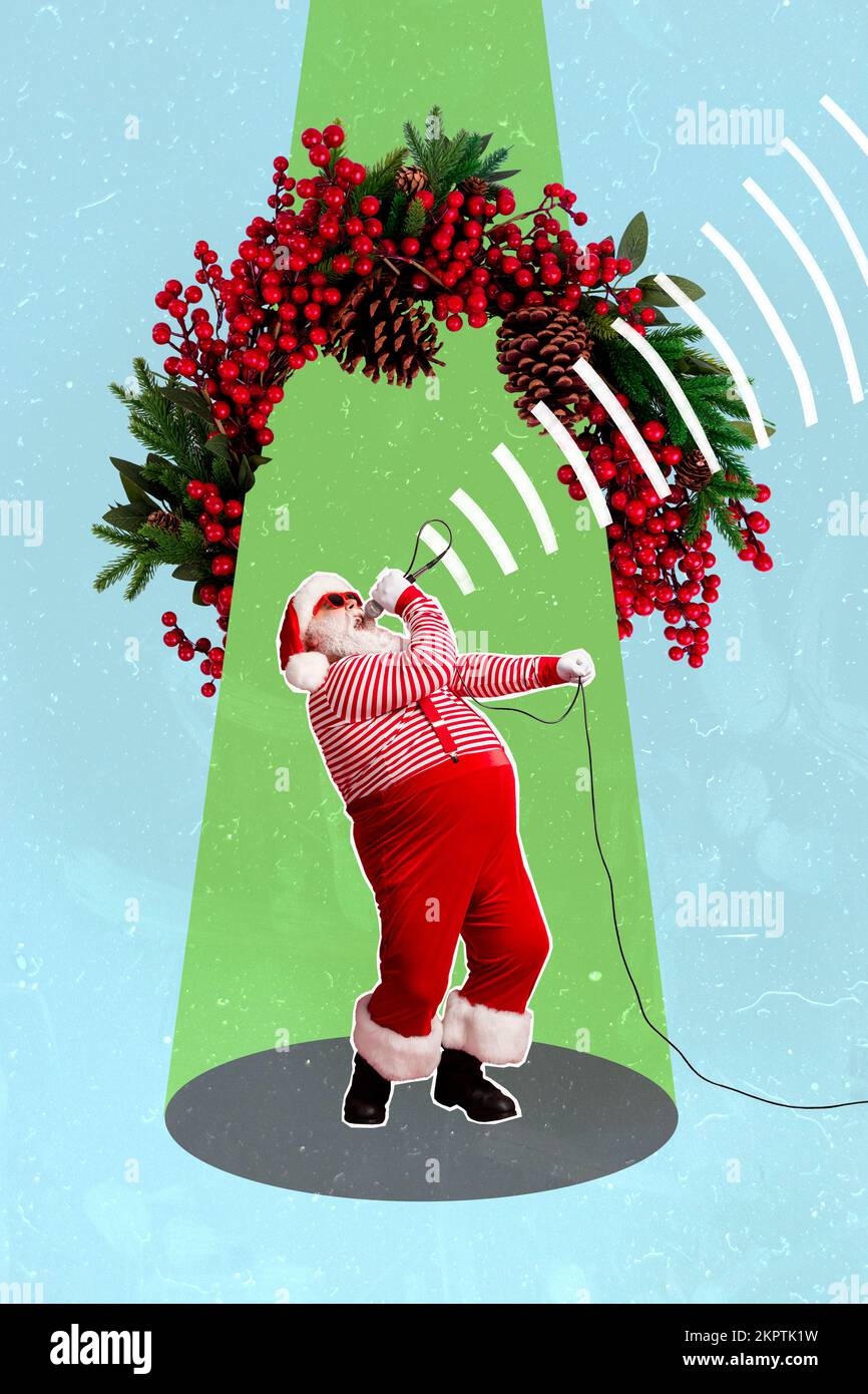Vertical collage image of excited funky aged santa hold microphone ...