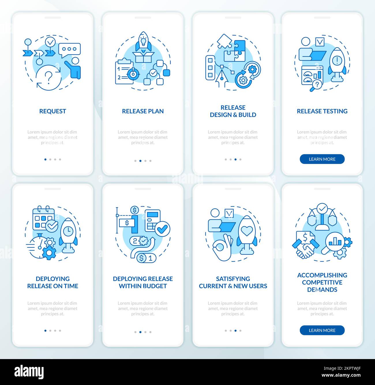 Software release management blue onboarding mobile app screen set Stock ...