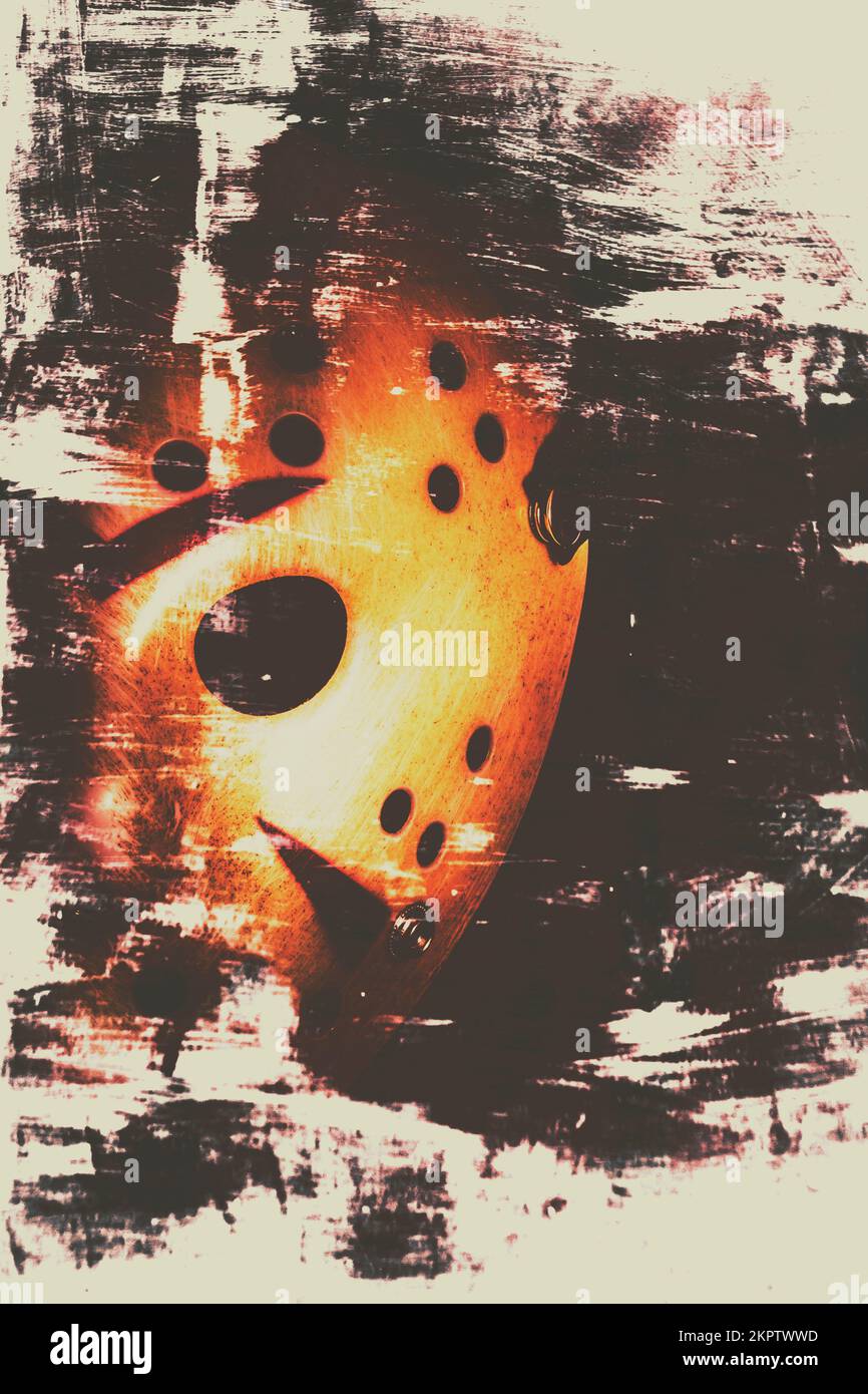Spooky horror movie artwork on a hockey mask peering from a scratched