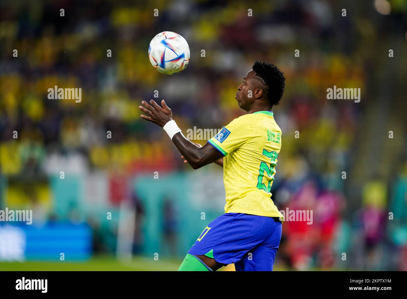 DOHA, QATAR - NOVEMBER 28: Player of Brazil Vinícius Júnior controls the ball during the FIFA World Cup Qatar 2022 group G match between Brazil and Switzerland at Stadium 974 on November 28, 2022 in Doha, Qatar. (Photo by Florencia Tan Jun/PxImages) Stock Photo