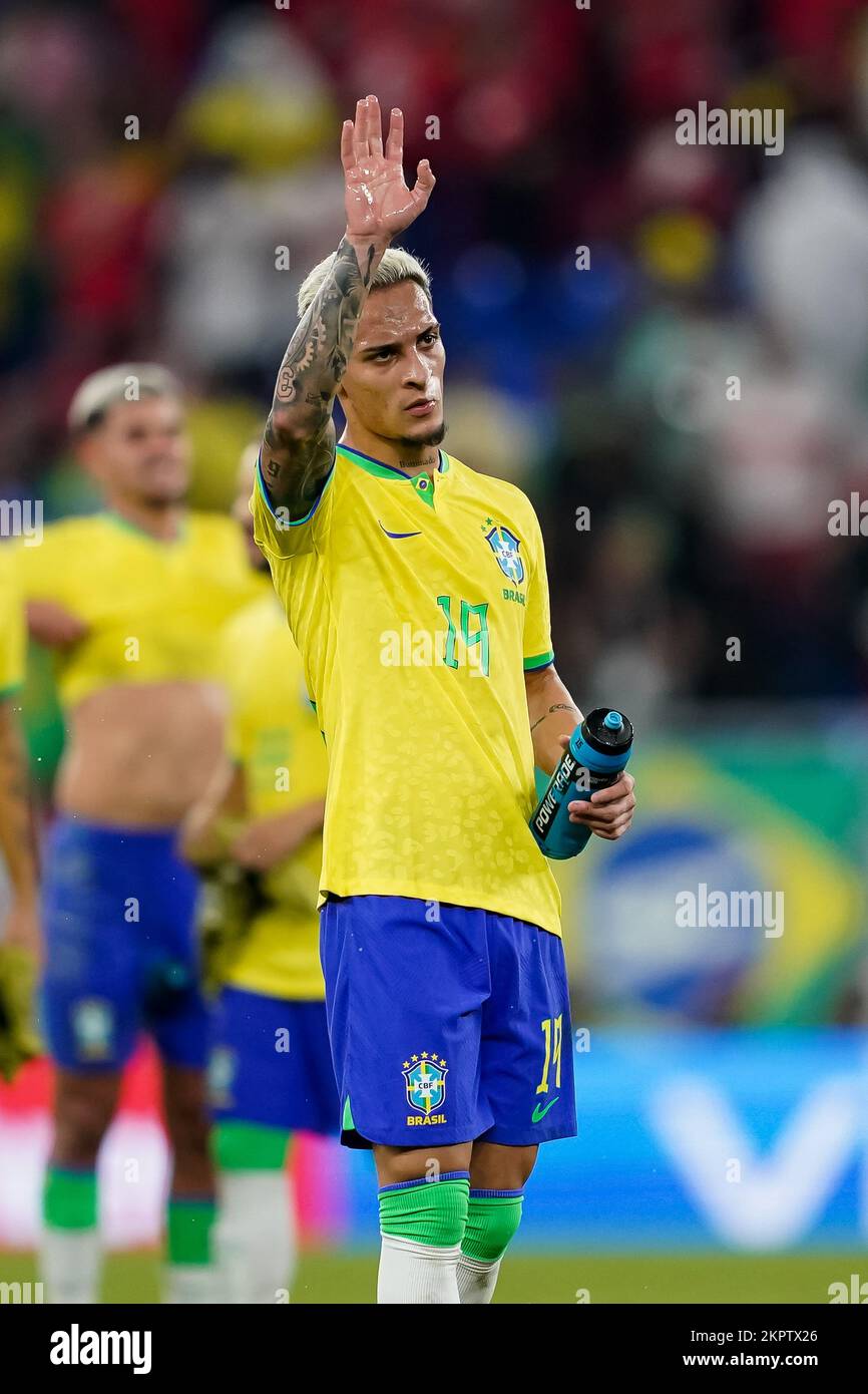 DOHA, QATAR - NOVEMBER 28: Player of Brazil Antony reacts after the FIFA World Cup Qatar 2022 group G match between Brazil and Switzerland at Stadium 974 on November 28, 2022 in Doha, Qatar. (Photo by Florencia Tan Jun/PxImages) Stock Photo