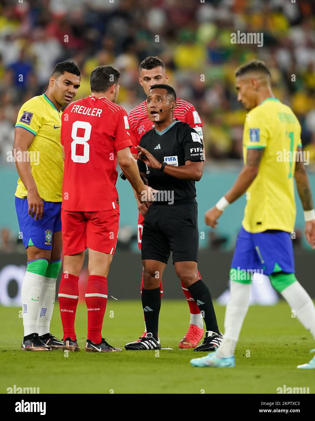 DOHA, QATAR - NOVEMBER 28: Player of Switzerland Remo Freuler talks to the referee during the FIFA World Cup Qatar 2022 group G match between Brazil and Switzerland at Stadium 974 on November 28, 2022 in Doha, Qatar. (Photo by Florencia Tan Jun/PxImages) Stock Photo