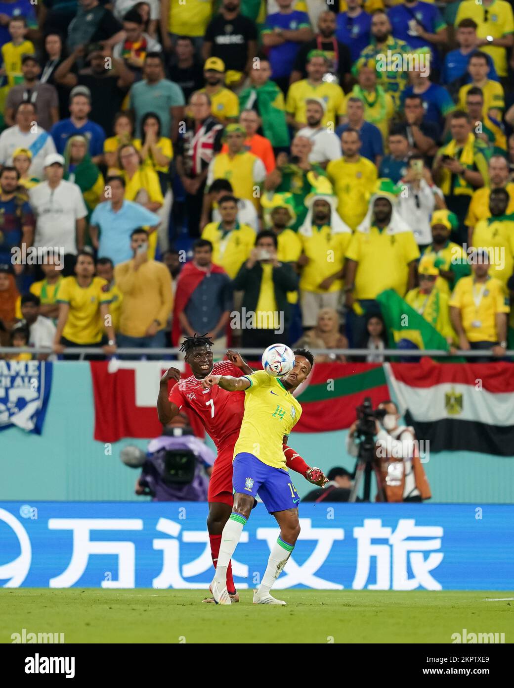 DOHA, QATAR - NOVEMBER 28: Player of Brazil Éder Militão fights for the ball with player of Switzerland Breel Embolo during the FIFA World Cup Qatar 2022 group G match between Brazil and Switzerland at Stadium 974 on November 28, 2022 in Doha, Qatar. (Photo by Florencia Tan Jun/PxImages) Stock Photo