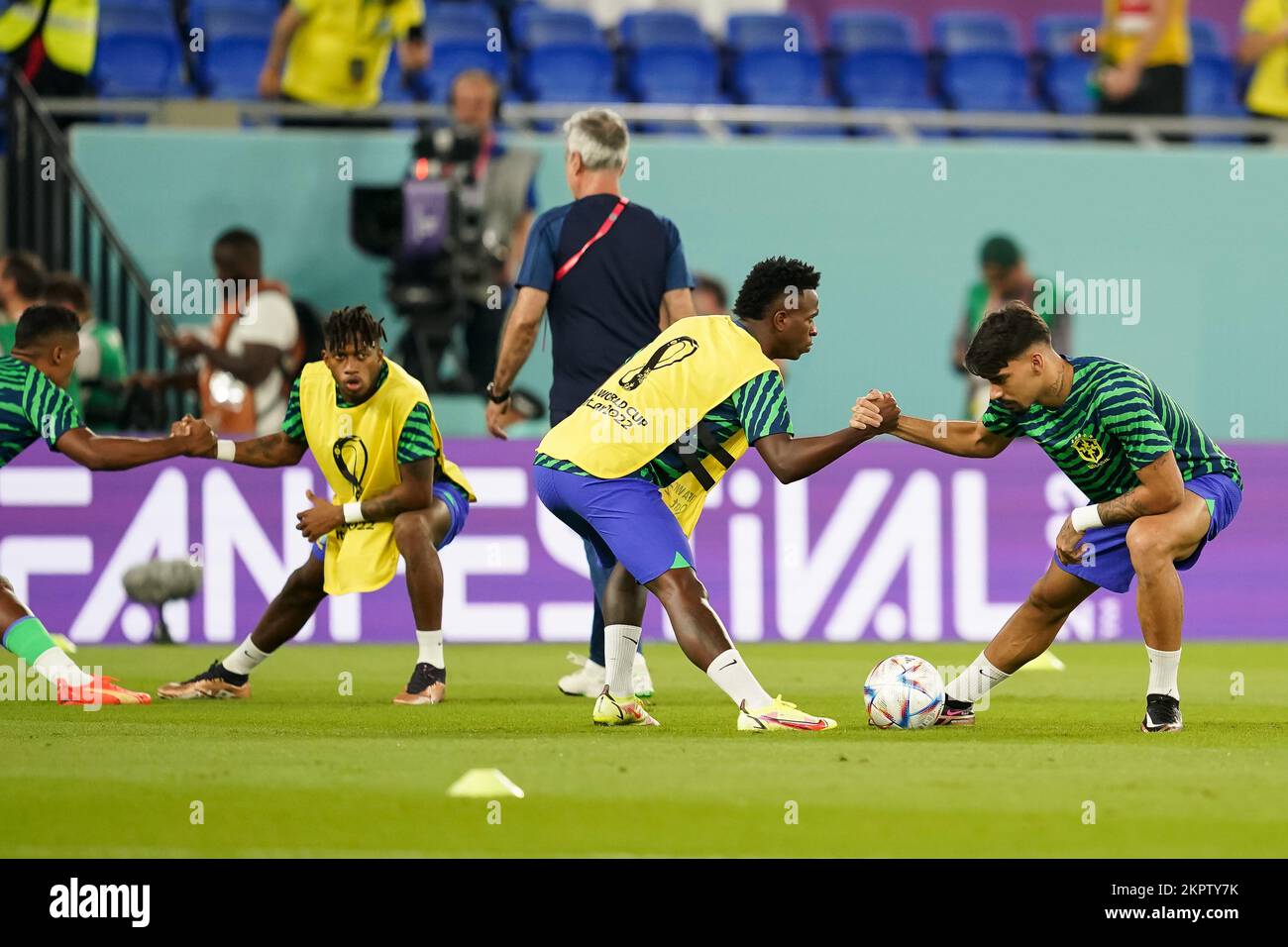 DOHA, QATAR - NOVEMBER 28: Players of Brazil warm up the FIFA World Cup Qatar 2022 group G match between Brazil and Switzerland at Stadium 974 on November 28, 2022 in Doha, Qatar. (Photo by Florencia Tan Jun/PxImages) Stock Photo