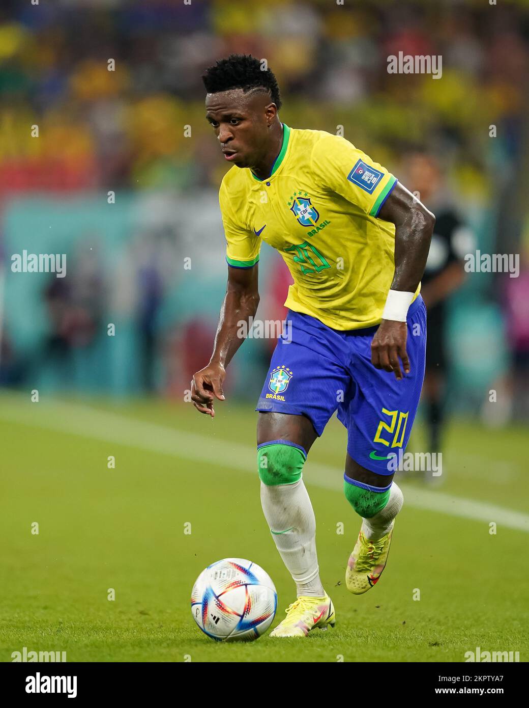 DOHA, QATAR - NOVEMBER 28: Player of Brazil Vinícius Júnior drives the ball during the FIFA World Cup Qatar 2022 group G match between Brazil and Switzerland at Stadium 974 on November 28, 2022 in Doha, Qatar. (Photo by Florencia Tan Jun/PxImages) Stock Photo