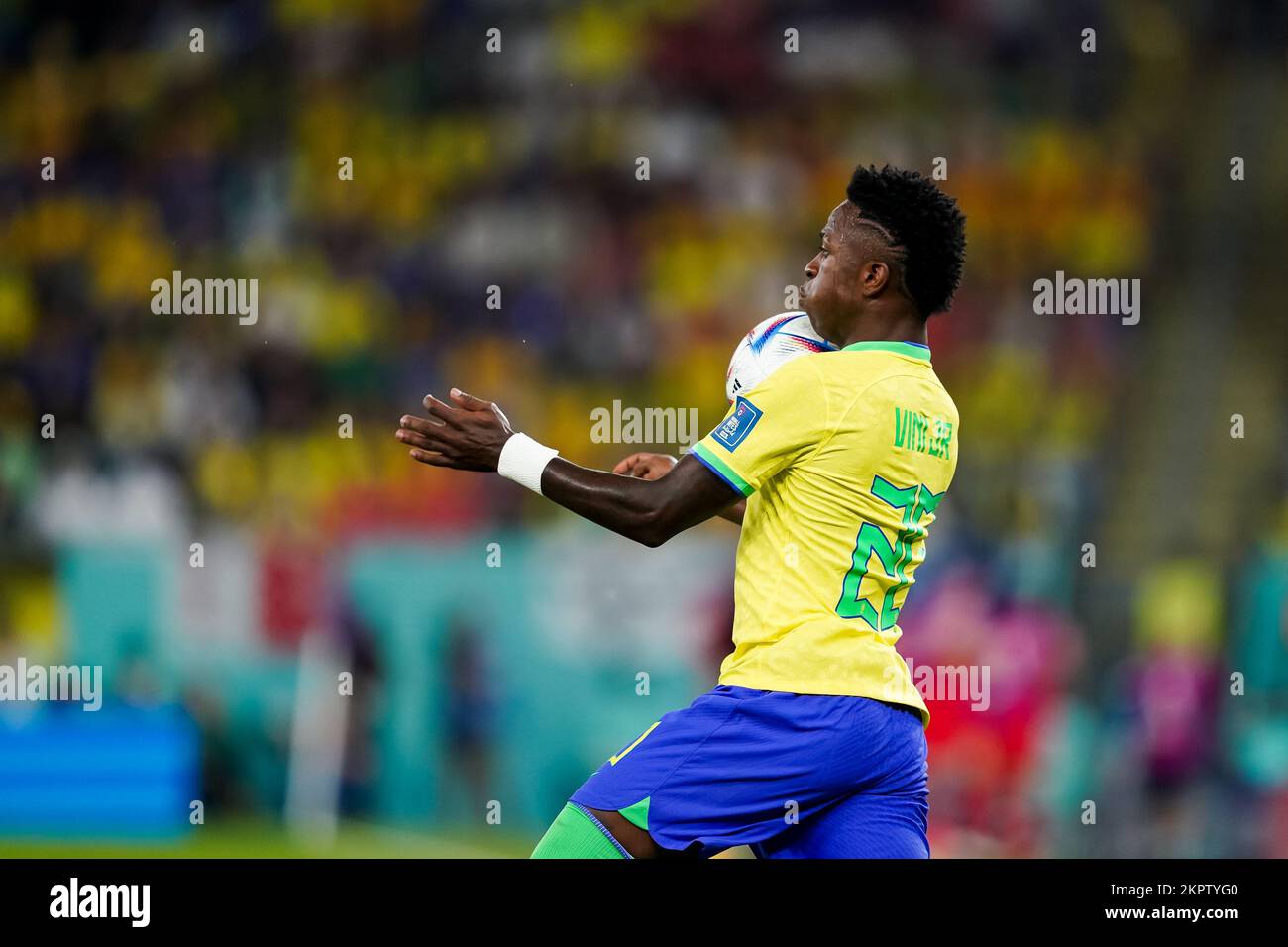 DOHA, QATAR - NOVEMBER 28: Player of Brazil Vinícius Júnior controls the ball during the FIFA World Cup Qatar 2022 group G match between Brazil and Switzerland at Stadium 974 on November 28, 2022 in Doha, Qatar. (Photo by Florencia Tan Jun/PxImages) Stock Photo