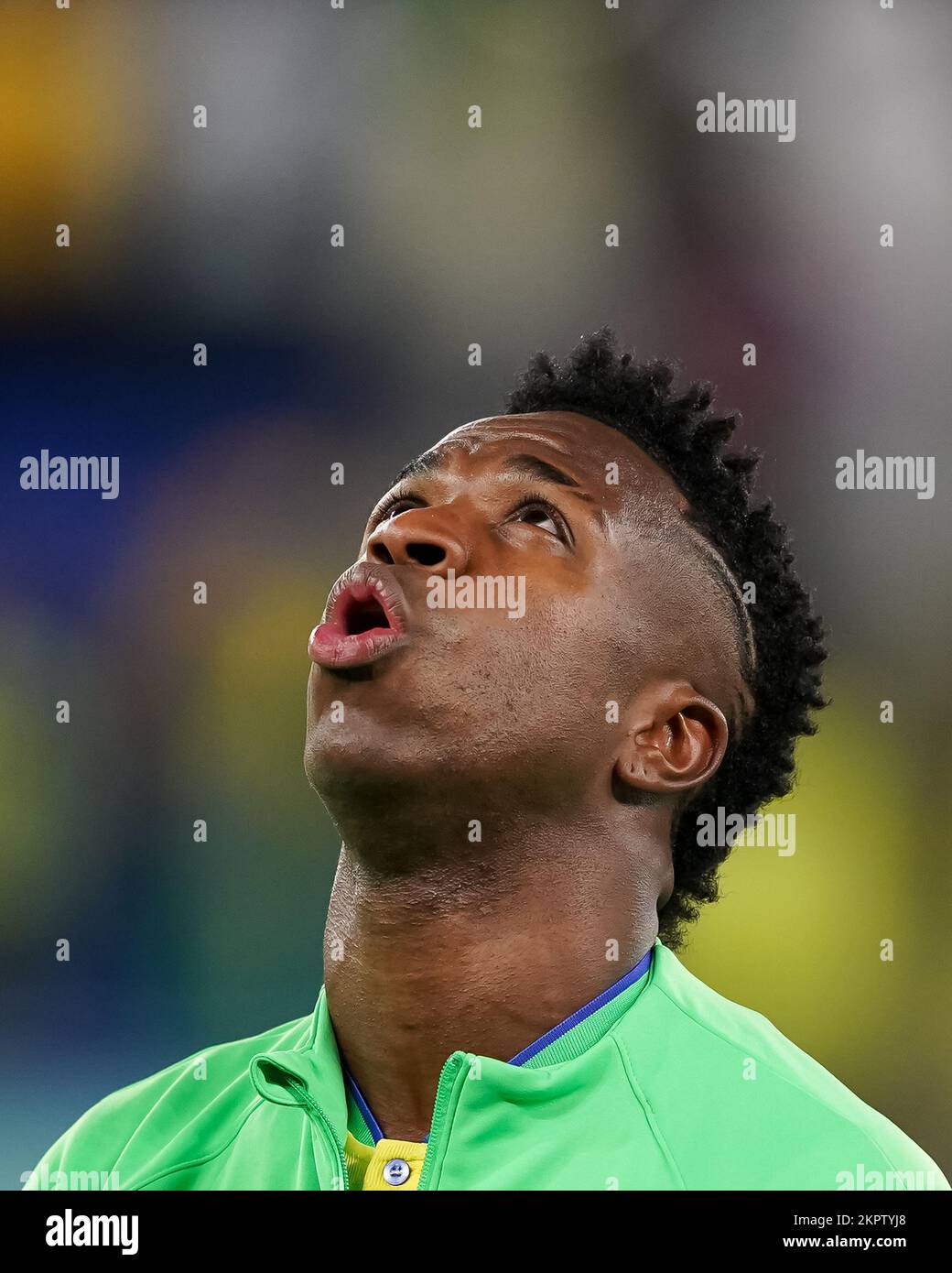 DOHA, QATAR - NOVEMBER 28: Player of Brazil Vinícius Júnior sings the national anthem prior to the FIFA World Cup Qatar 2022 group G match between Brazil and Switzerland at Stadium 974 on November 28, 2022 in Doha, Qatar. (Photo by Florencia Tan Jun/PxImages) Stock Photo