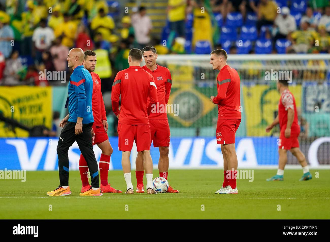 DOHA, QATAR - NOVEMBER 28: Players of Switzerland warm up the FIFA World Cup Qatar 2022 group G match between Brazil and Switzerland at Stadium 974 on November 28, 2022 in Doha, Qatar. (Photo by Florencia Tan Jun/PxImages) Stock Photo