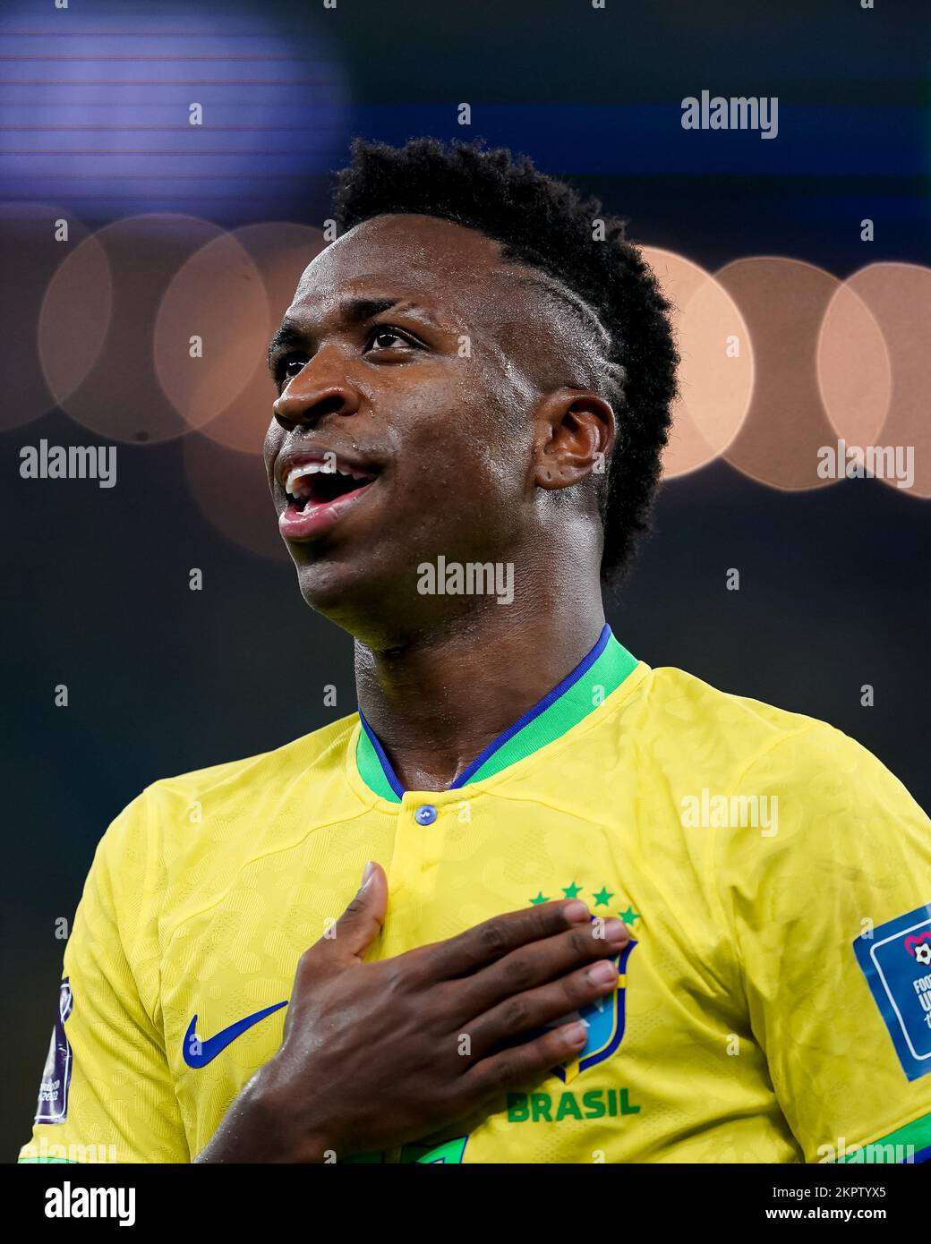 DOHA, QATAR - NOVEMBER 28: Player of Brazil Vinícius Júnior celebrates after scoring a disallowed goal during the FIFA World Cup Qatar 2022 group G match between Brazil and Switzerland at Stadium 974 on November 28, 2022 in Doha, Qatar. (Photo by Florencia Tan Jun/PxImages) Stock Photo