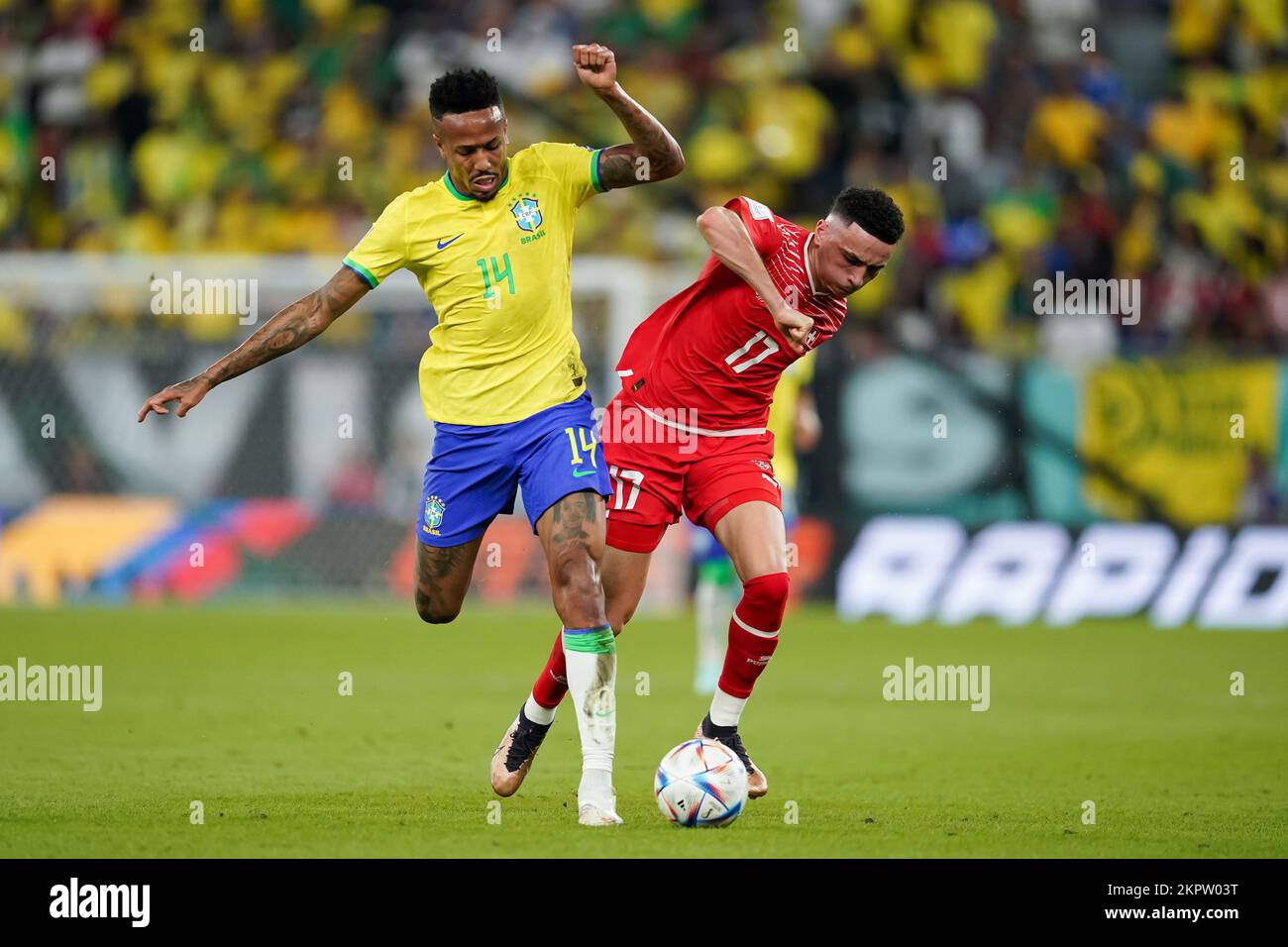 DOHA, QATAR - NOVEMBER 28: Player of Brazil Éder Militão fights for the ball with player of Switzerland Ruben Vargas during the FIFA World Cup Qatar 2022 group G match between Brazil and Switzerland at Stadium 974 on November 28, 2022 in Doha, Qatar. (Photo by Florencia Tan Jun/PxImages) Stock Photo