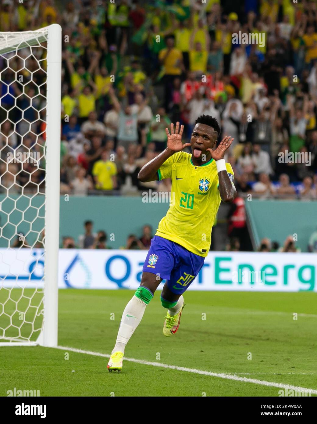 DOHA, QATAR - NOVEMBER 28: Player of Brazil Vinícius Júnior celebrates after scoring a disallowed goal during the FIFA World Cup Qatar 2022 group G match between Brazil and Switzerland at Stadium 974 on November 28, 2022 in Doha, Qatar. (Photo by Florencia Tan Jun/PxImages) Stock Photo