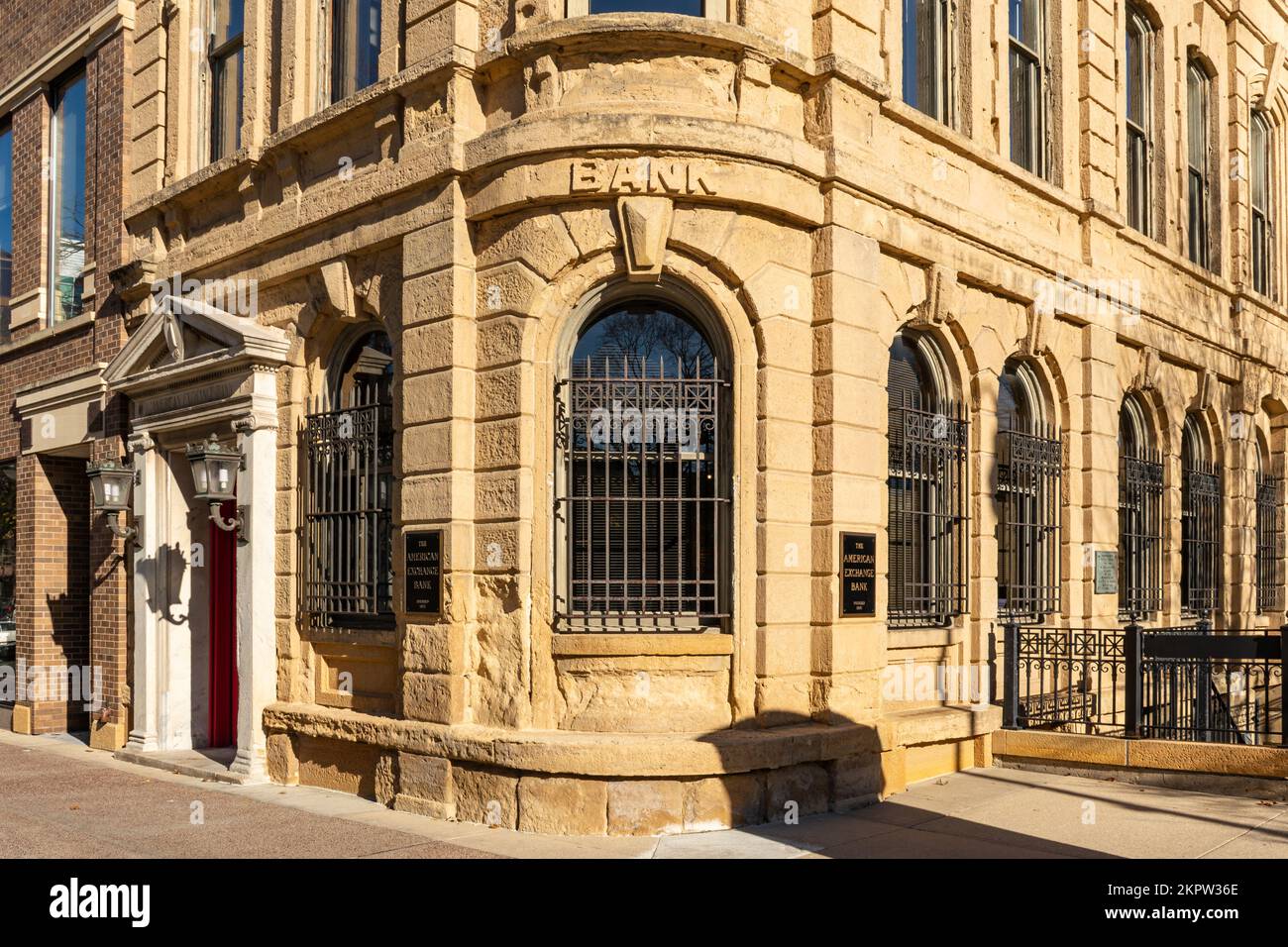 Old bank building details in the morning sun. Madison, Wisconsin Stock Photo Alamy