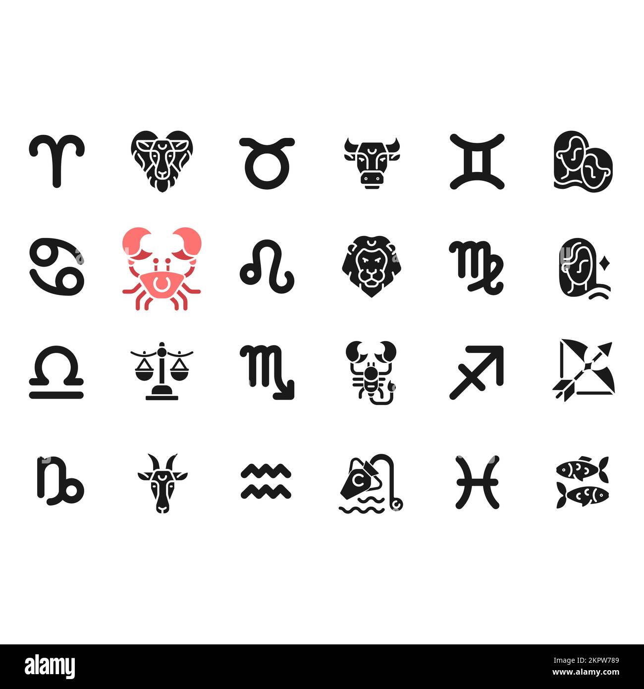 Zodiac signs black glyph big icons set on white space Stock Vector ...
