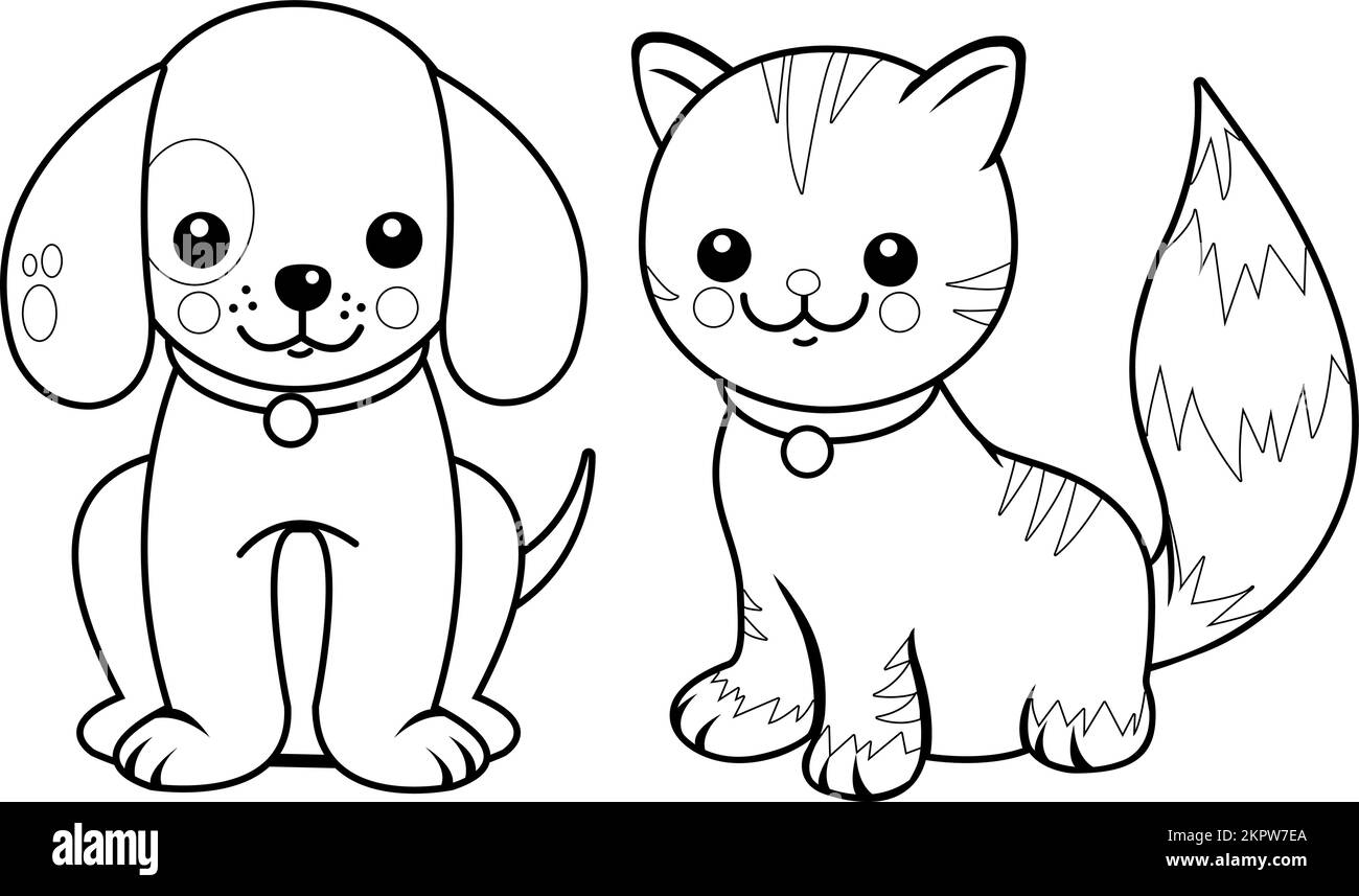Cartoon dog and a cat. Vector black and white coloring page Stock