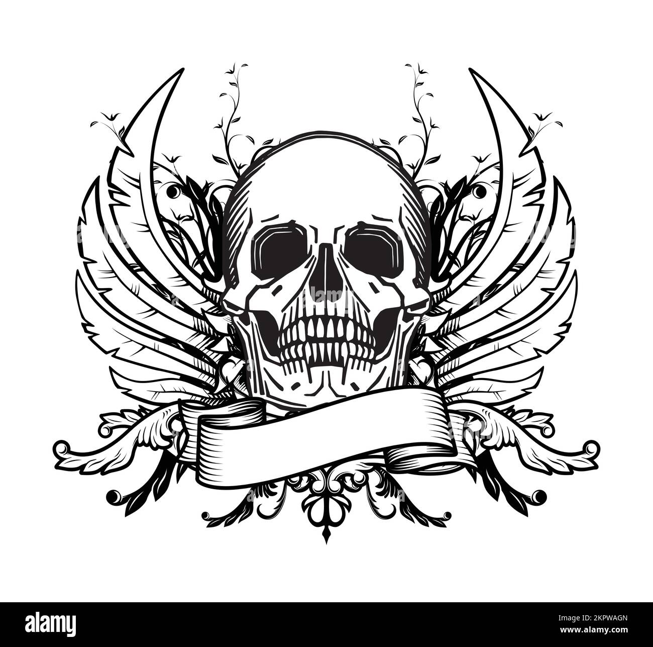 skull with wings, flourishes and ribbon tattoo vector illustration isolated on white background Stock Vector