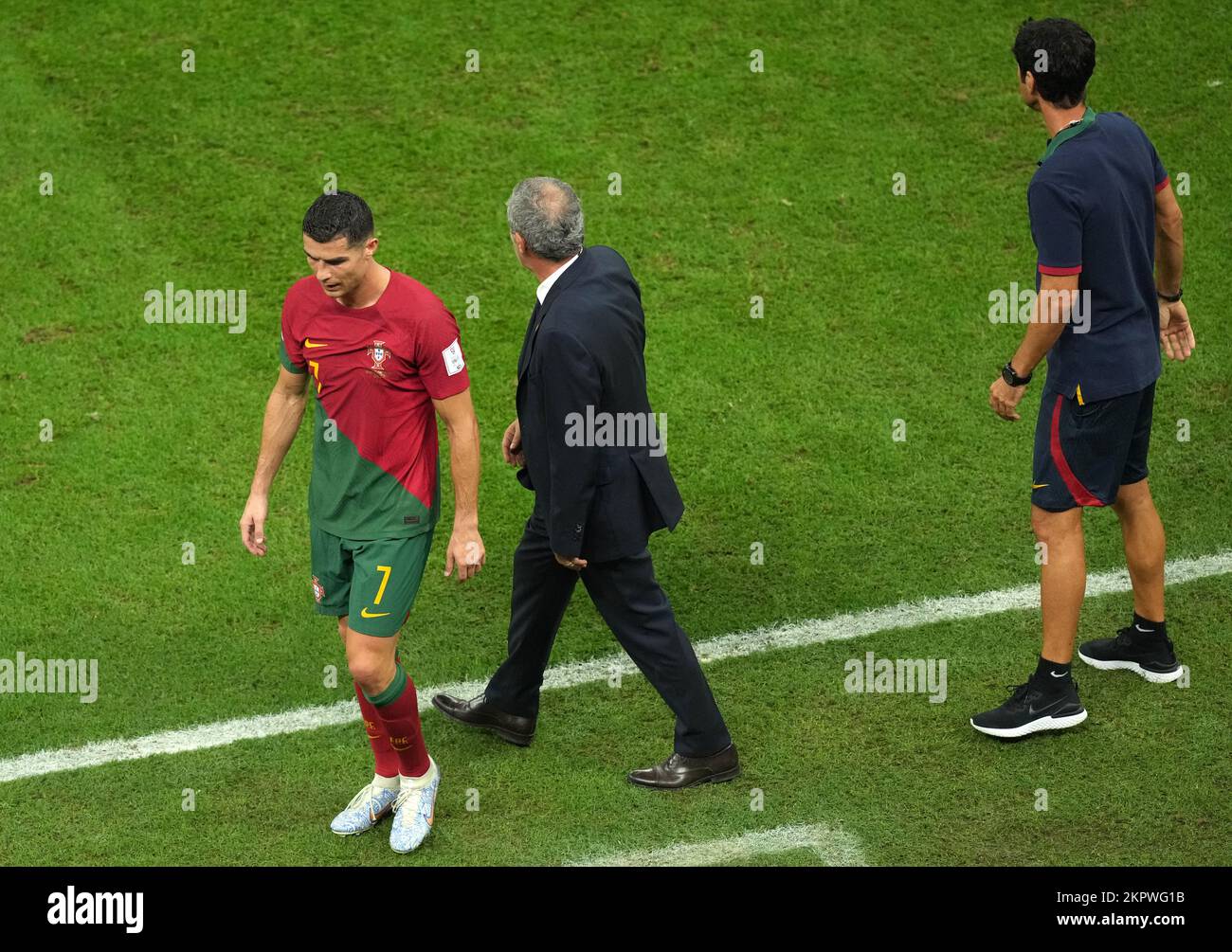 Portugal's Cristiano Ronaldo reacts after being substituted for team-mate Goncalo Ramos during the FIFA World Cup Group H match at the Lusail Stadium in Lusail, Qatar. Picture date: Monday November 28, 2022. Stock Photo