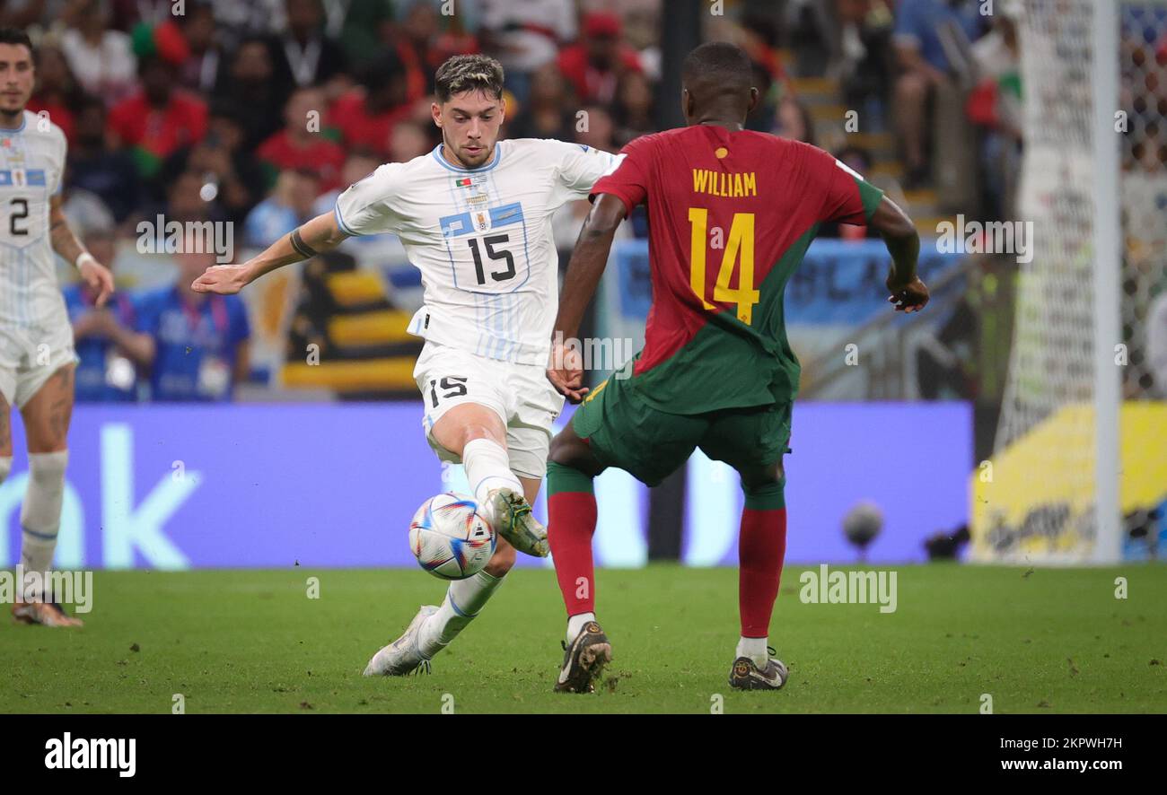 Lusail, Qatar. 28th Nov, 2022. Uruguay's Federico Valverde and Portuguese William Carvalho fight for the ball during a soccer game between Portugal and Uruguay, in Group H of the FIFA 2022 World Cup in Lusail Stadium, in Lusail, State of Qatar on Monday 28 November 2022. BELGA PHOTO VIRGINIE LEFOUR Credit: Belga News Agency/Alamy Live News Stock Photo