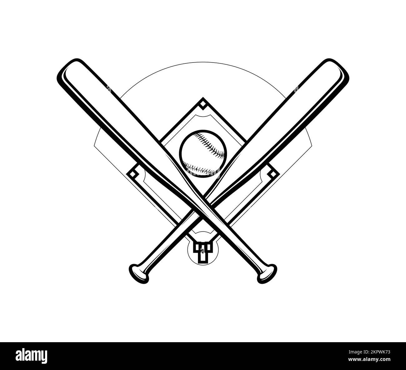 simple classic wooden baseball bat ball and diamond field lineart vector illustration isolated on white background Stock Vector