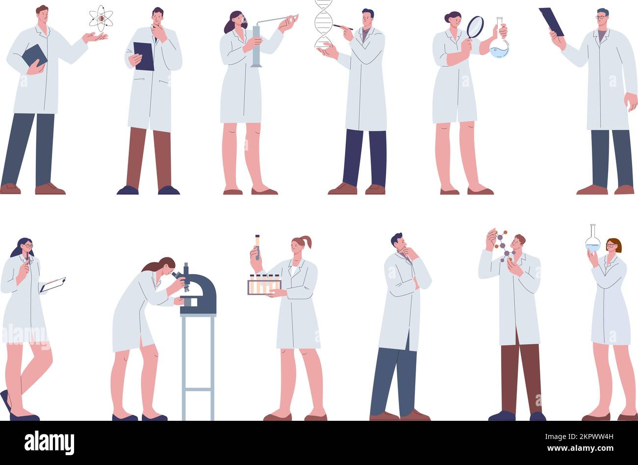 Flat cartoon science laboratory characters. Chemist set, professional biological and medical lab research workers. Scientist with equipment kicky Stock Vector