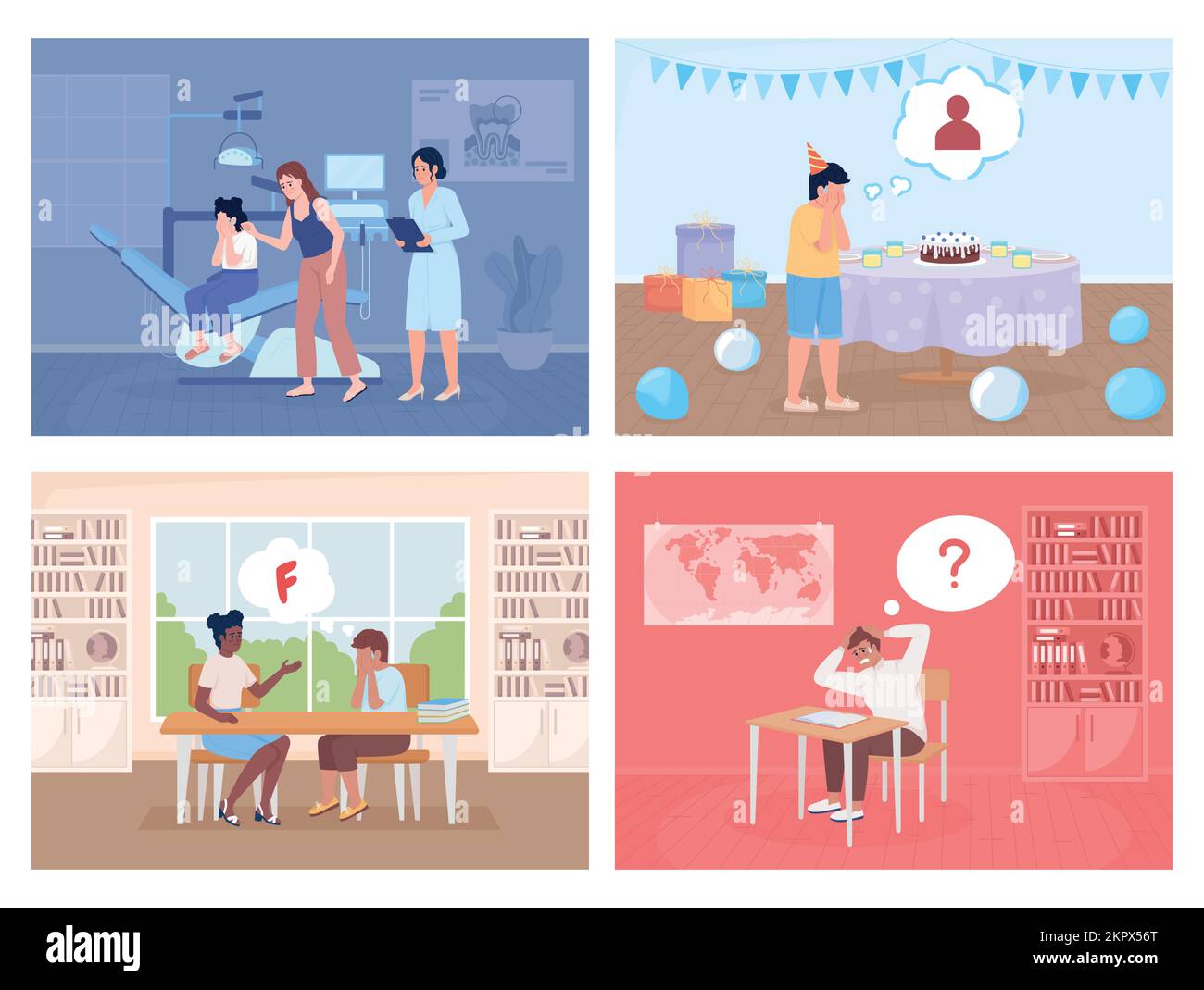 Children in stressful situations flat color vector illustrations set Stock Vector