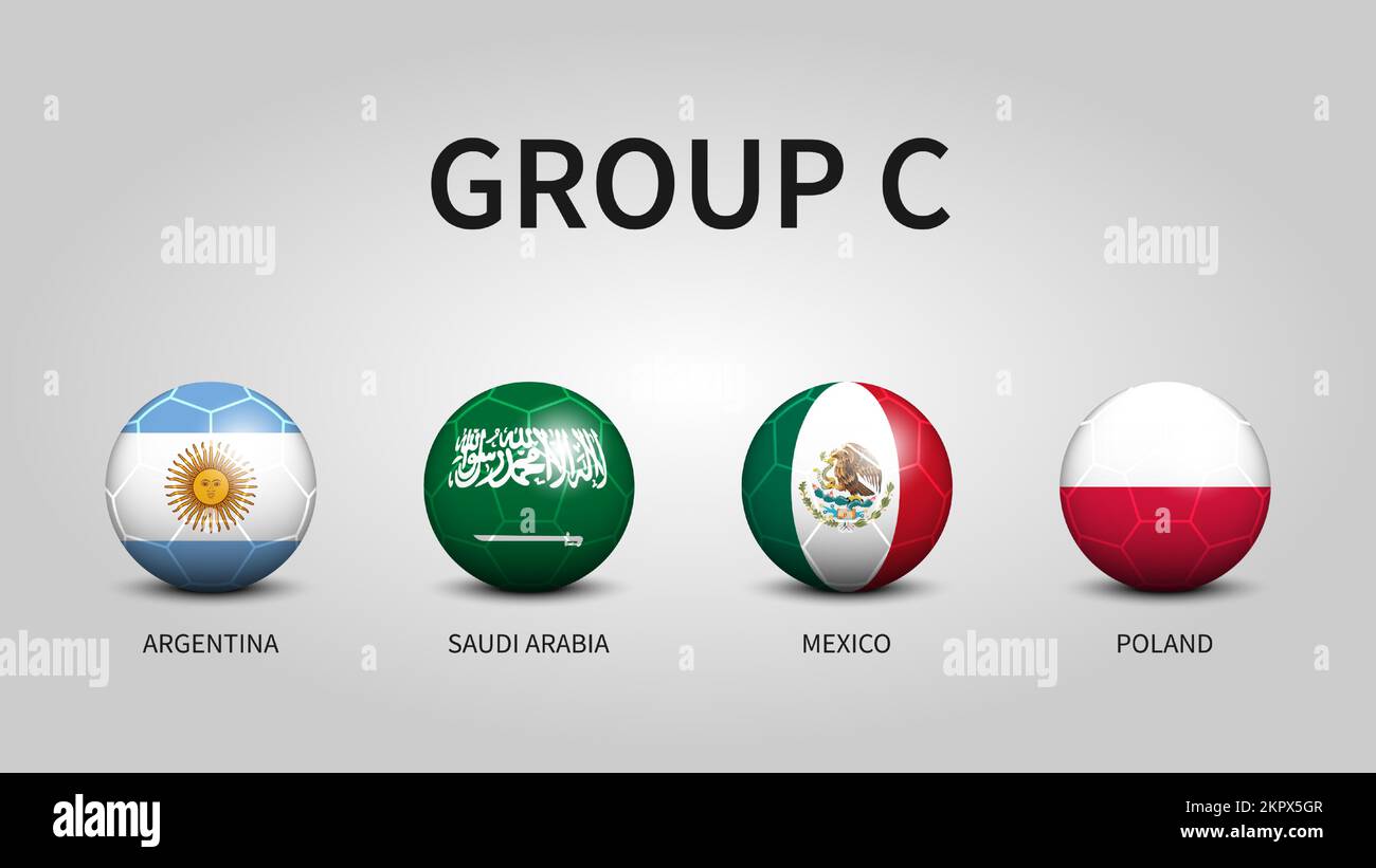 Qatar fifa world soccer cup tournament 2022 . Group C stages . Football with country flag pattern . Vector . Stock Vector