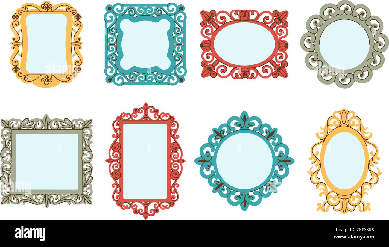 Decorative mirrors in vintage ornate royal frames. Wall mirror for interior design, colorful doodle reflection elements. Decent vector fashion vector Stock Vector
