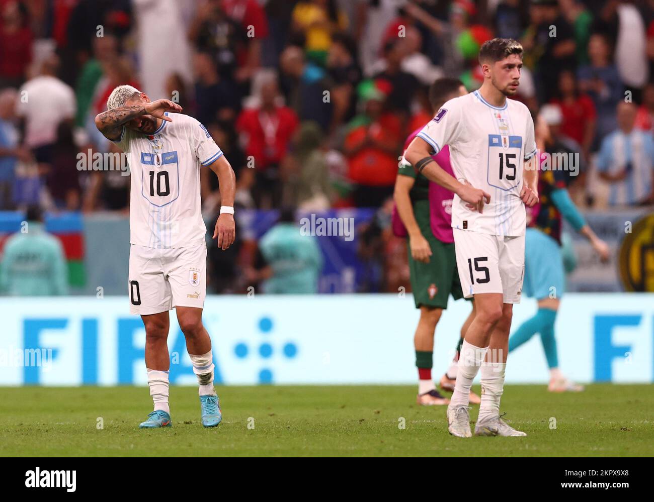 Doha, Qatar. 28th Nov, 2022. Giorgian De Arrascaeta(l) and Federico Valverde of Uruguay dejected during the FIFA World Cup 2022 match at Lusail Stadium, Doha. Picture credit should read: David Klein/Sportimage Credit: Sportimage/Alamy Live News Stock Photo