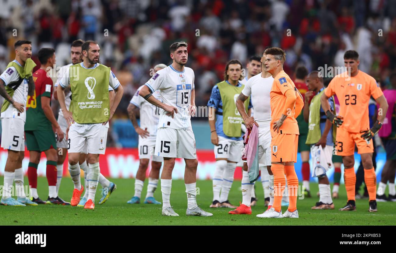 Doha, Qatar. 28th Nov, 2022. Federico Valverde of Uruguay looks up at the replay screen as they stand around dejected during the FIFA World Cup 2022 match at Lusail Stadium, Doha. Picture credit should read: David Klein/Sportimage Credit: Sportimage/Alamy Live News Stock Photo