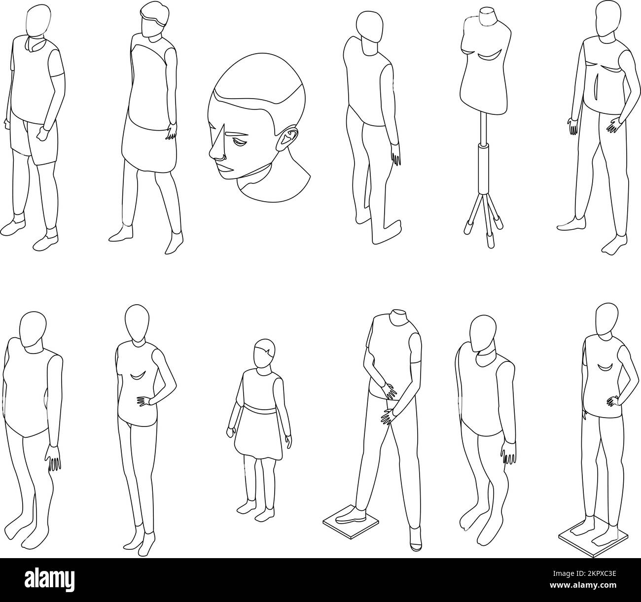Mannequin icons set. Isometric set of mannequin vector icons outline