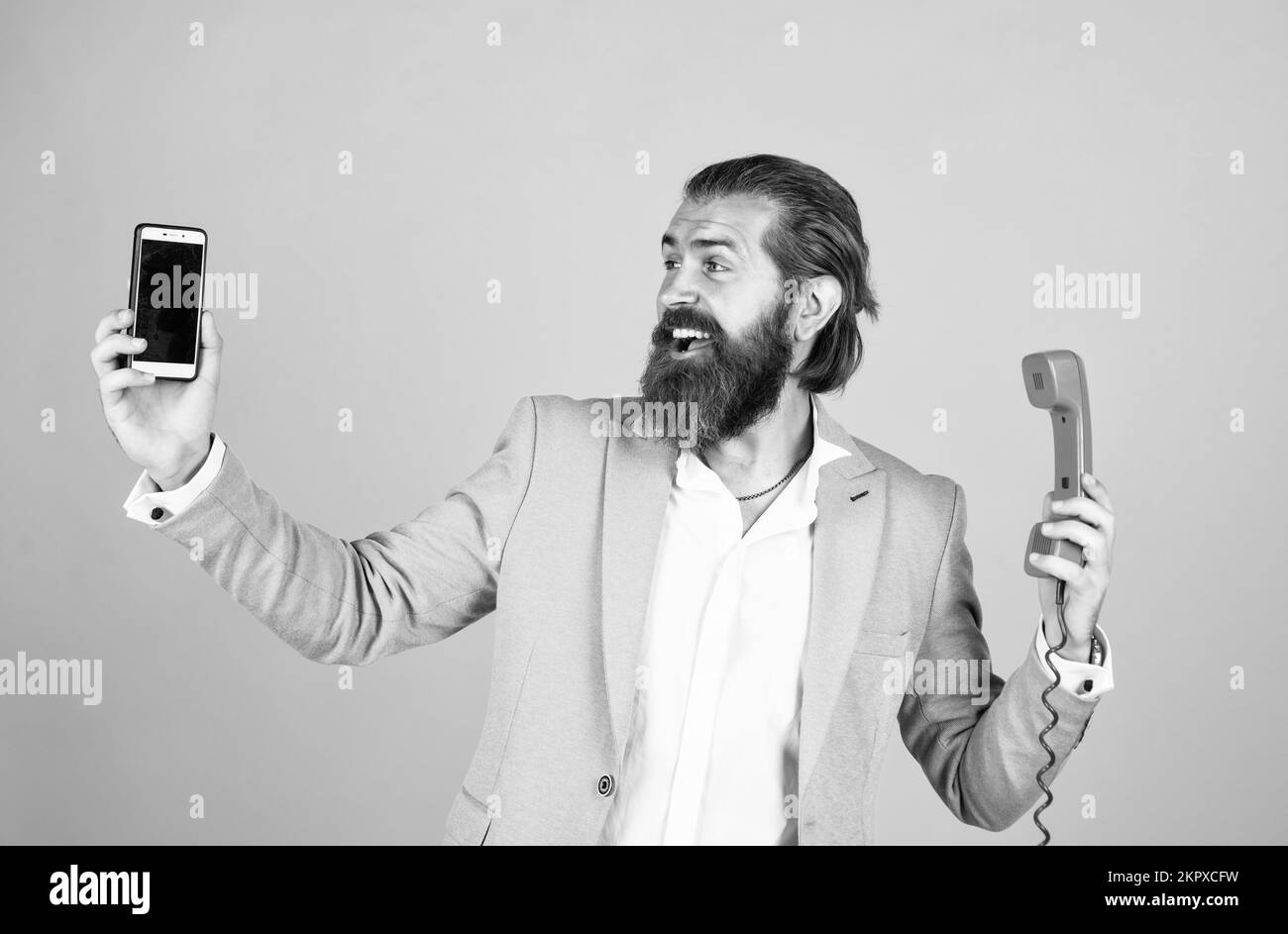 in good connection. true gentleman with groomed hair hold vintage