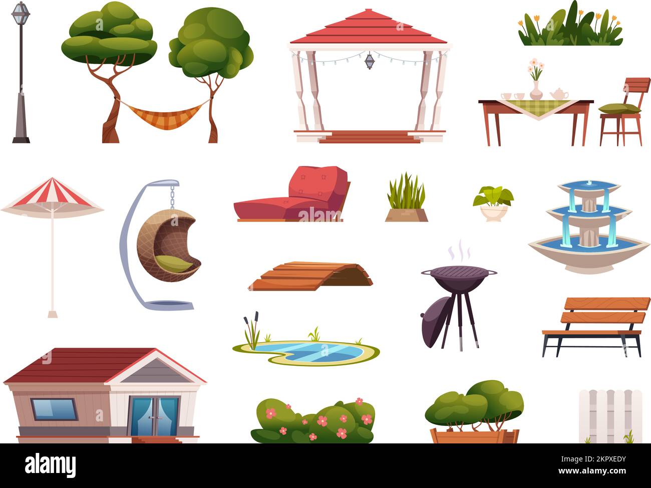 Terrace furniture. Gardening items for working and relax time fireplace