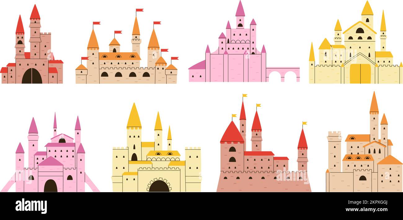 Medieval castle exterior. Flat palaces and ancient castles tower and bastion. Gothic european architecture, vector decent fairyland buildings Stock Vector