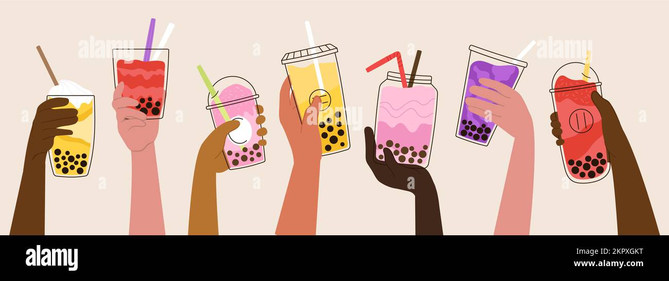 Hands hold bubble tea shakes. Milkshake, asian smoothie and mocha in glasses. Drink party, sweet beverages desserts, decent boba drinks vector banner Stock Vector