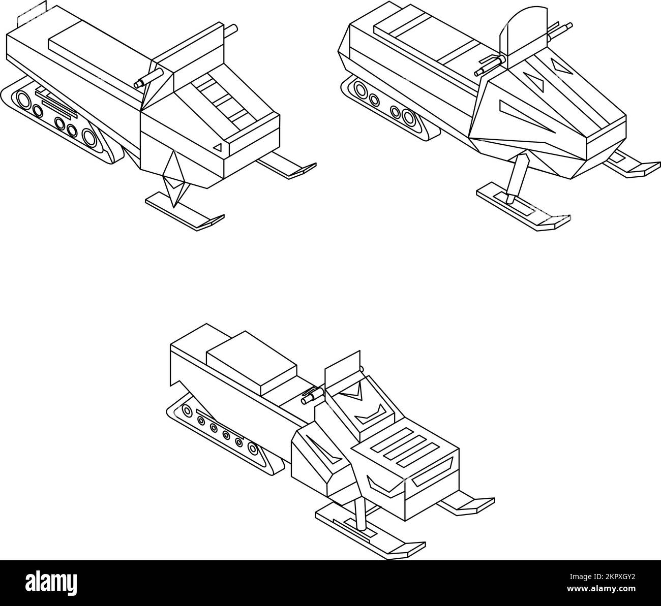 Snowmobile icon set. Isometric set of snowmobile vector icons outline