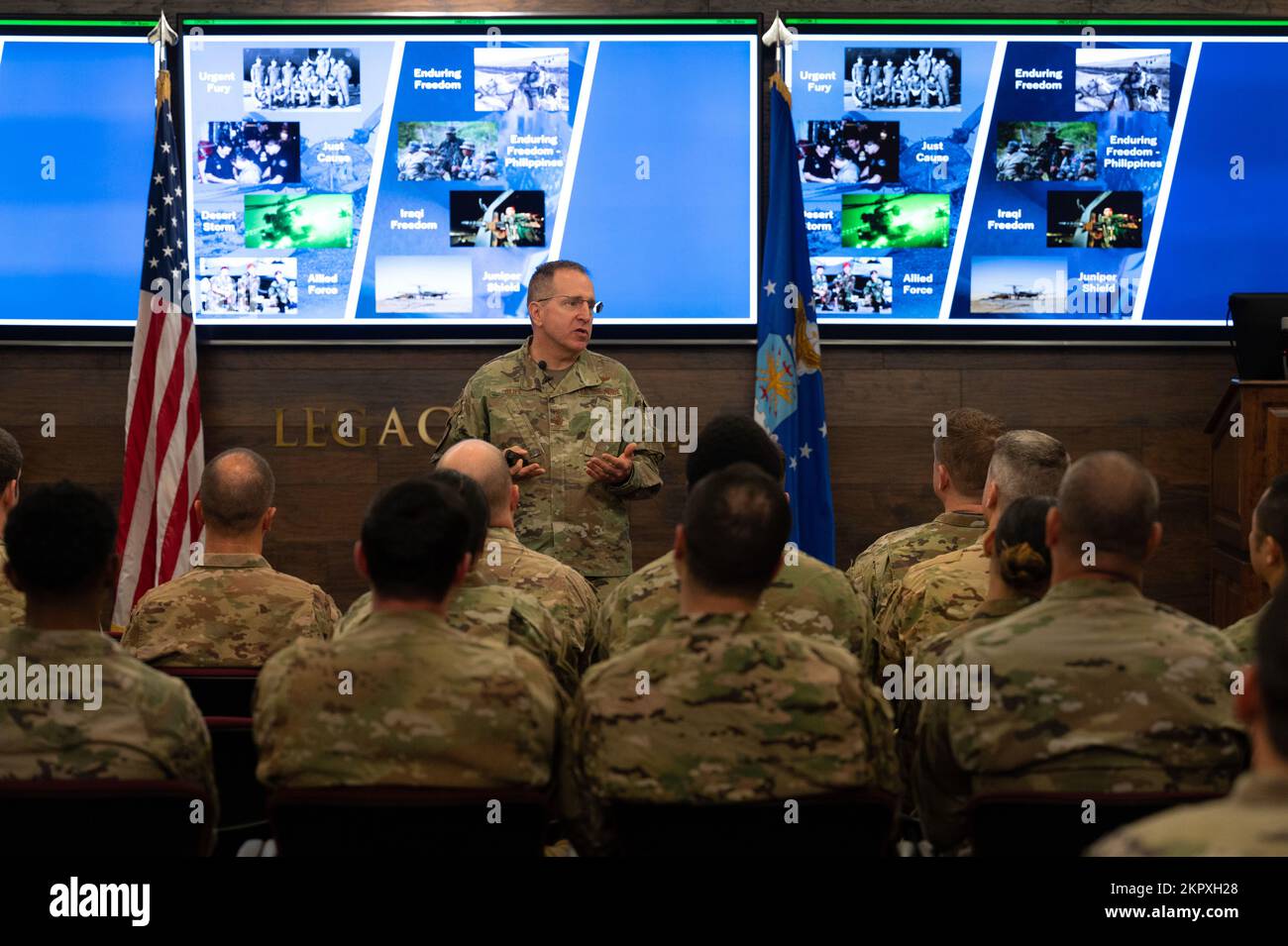 U.S. Air Force Lt. Gen. Jim Slife, commander of Air Force Special Operations Command, hosts an all-call with members of the 415th Special Operations Squadron at Kirtland Air Force Base, N.M., Nov. 4, 2022. The AFSOC mission is to provide our nation with the capability to sustain airpower during combat. Stock Photo