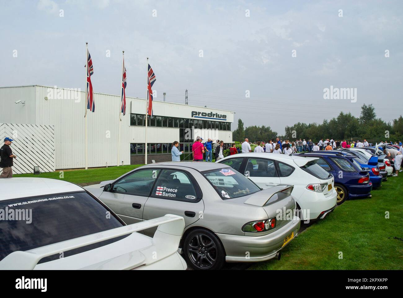 McRae Gathering. Around 1200 Subaru Impreza cars gathered at Prodrive HQ in memory of Colin McRae on anniversary of his death. Outside offices Stock Photo