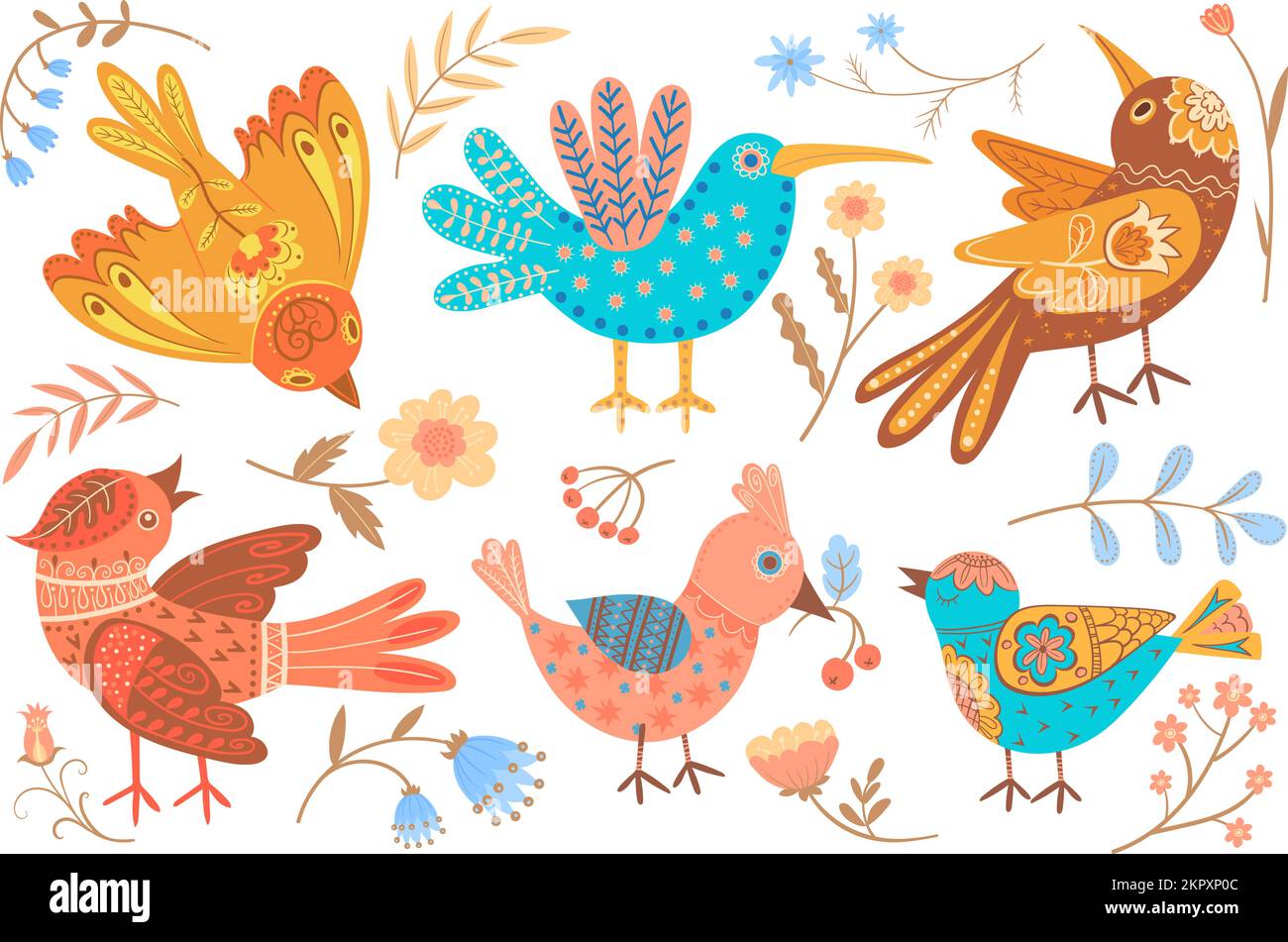 Ethnic folk birds. Decorative bird with flower wing stylized in scandinavian culture, slovak embroidery patch leaves elements nordic ornamental animals set neat vector illustration of ethnic folk bird Stock Vector
