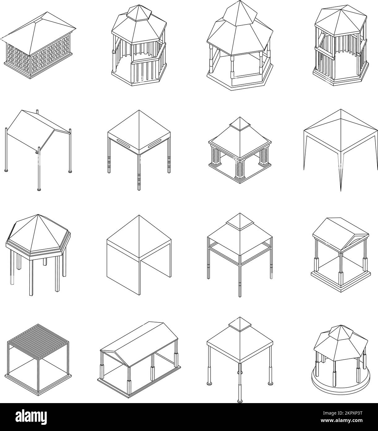 Gazebo icons set. Isometric set of gazebo vector icons outline vector on white background Stock Vector