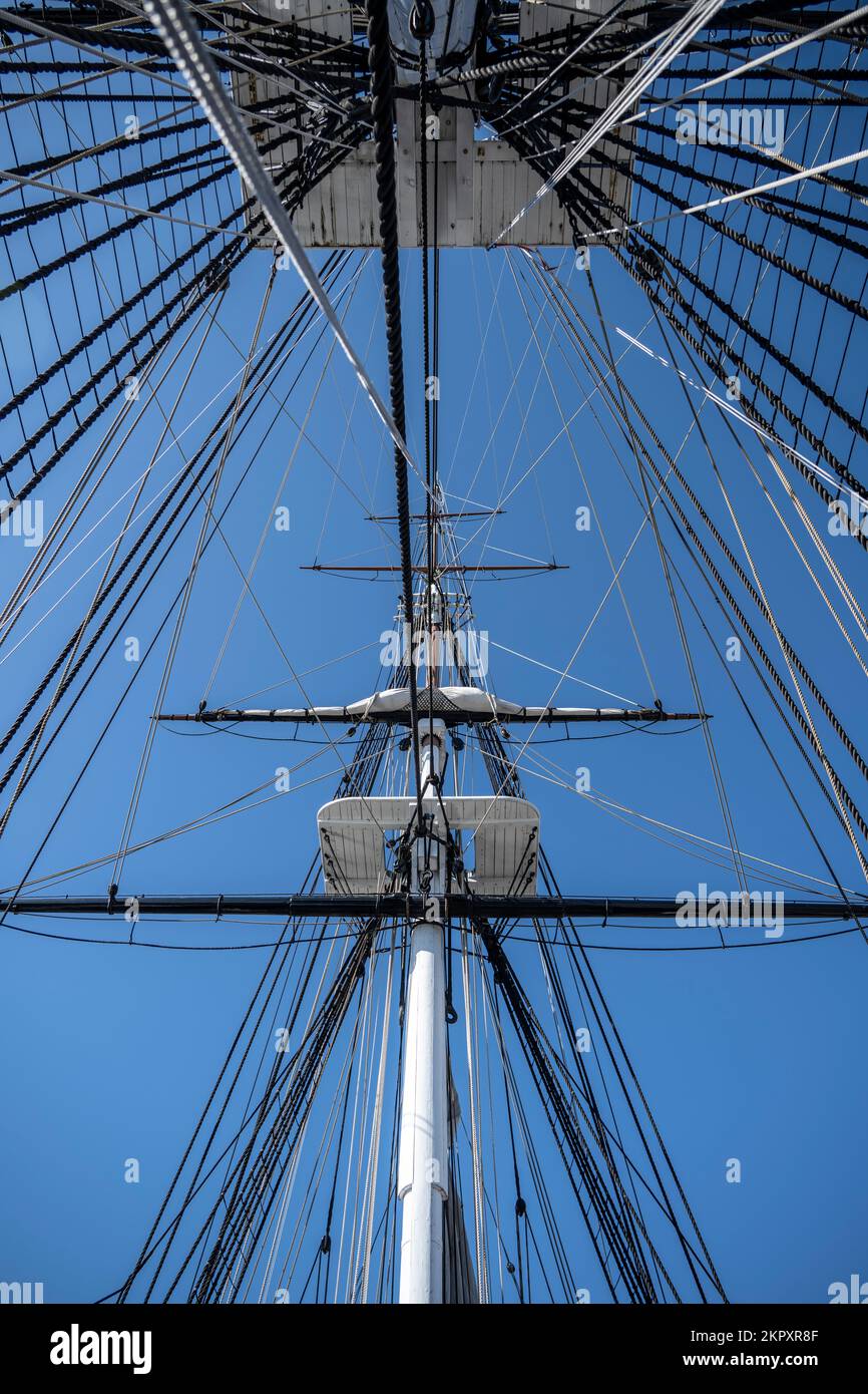 looking up at the main mast and mizzen mast on the USS Constitution Stock Photo