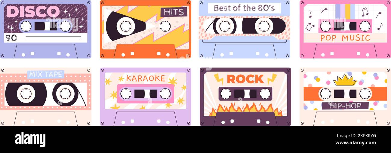 Cartoon retro tape audio cassette. Stereo music 90s 80s style. Vintage rock and jazz, old mixtape sounds. Analogue records, 1980 tapes devices racy Stock Vector