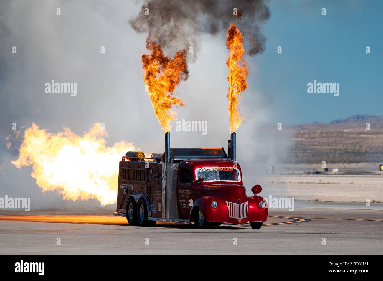 A jet engine fire truck, known as “Aftershock,” performs during the