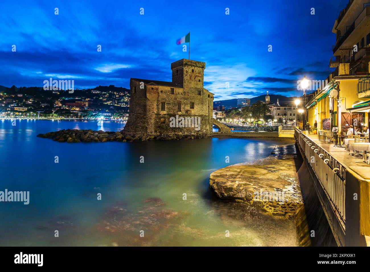 Night view of the ancient castle built on the bay of Rapallo on the ...