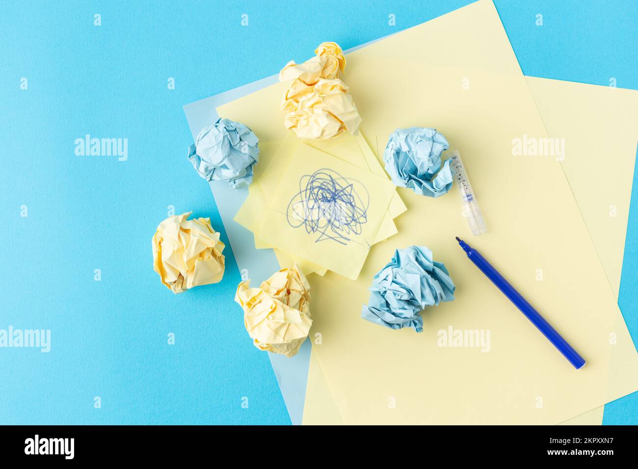 Concept of messy and chaos office desk blue and yellow Stock Photo - Alamy